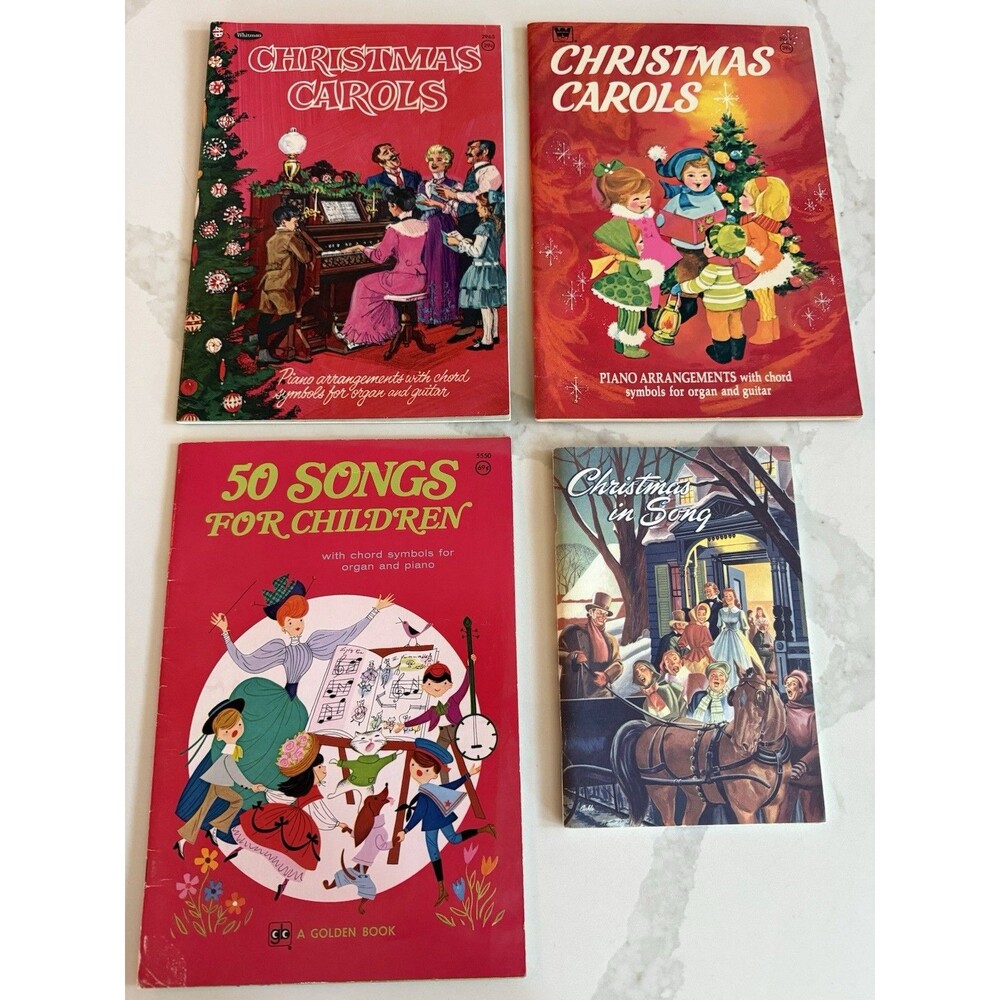 Vtg Christmas Carols Music Books Piano Geese Angels Nativity Whitman 1960’s